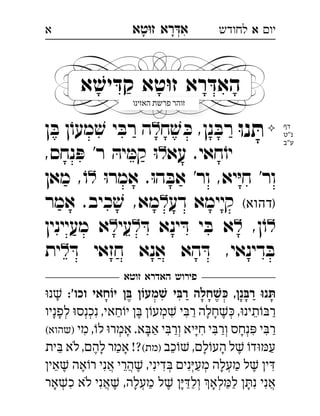 ‫רא‬‫א‬‫טא‬‫ז‬ ְִָָ ‫יו‬‫א‬‫לחודש‬‫א‬
‫א‬‫י‬‫ק‬ ‫טא‬‫ז‬ ‫רא‬‫הא‬ְִִַָָָָ

ּ‫ו‬‫נ‬ ּ‫ת‬‫ח‬ ׁ‫ש‬ ּ‫כ‬ ,‫נן‬ ּ‫רב‬‫ן‬ ּ‫ב‬ ‫ן‬ֹ‫מעו‬ ׁ‫ש‬ ‫י‬ ּ‫רב‬ ‫ה‬ 
‫עא‬ .‫חאי‬ֹ‫יו‬,‫נחס‬ ּ‫פ‬ '‫ר‬ ּ‫יה‬ ּ‫קמ‬ ּ‫ו‬ 
ּ‫ו‬‫אמר‬ .ּ‫ו‬‫ה‬ ּ‫אב‬ '‫ור‬ ,‫יא‬ּ‫י‬‫ח‬ '‫ור‬‫מאן‬ ,ֹ‫ו‬ 
(‫)דהוא‬‫א‬‫דע‬ ‫קיימא‬‫אמר‬ .‫כיב‬ ׁ‫ש‬ ,‫מא‬ 
,‫ן‬ֹ‫ו‬ּ‫ד‬ ‫ינא‬ ּ‫ד‬ ‫י‬ ּ‫ב‬ ‫א‬‫עי‬‫מעיינין‬ ‫א‬ 
ּ‫ד‬ ‫חזאי‬ ‫אנא‬ ‫הא‬ ּ‫ד‬ ,‫דינאי‬ ּ‫ב‬‫ית‬ 
‫דף‬
‫נ"ט‬
‫ע"ב‬
‫זוטא‬ ‫האדרא‬ ‫פירוש‬
:'‫וכו‬ ‫יוֹחאי‬ ‫בּן‬ ‫שׁמעוֹן‬ ‫רבּי‬ ‫כּשׁחלה‬ ,‫רבּנן‬ ‫תּנוּ‬‫נ‬ ָ
‫לפניו‬ ‫נכנס‬ ,‫חאי‬‫י‬  ‫מע‬ ‫י‬‫ר‬ ‫חלה‬ ,‫תינ‬‫ר‬ְְְְְִִִֵֶֶַַַָָָָ
‫מי‬ ,‫ל‬ ‫אמר‬ .‫א‬‫א‬ ‫י‬‫ור‬ ‫יא‬‫ח‬ ‫י‬‫ור‬ ‫נחס‬ ‫י‬‫ר‬(‫)שהוא‬ ְְְְִִִִִִַַַַָָָָ
‫כב‬ ,‫ל‬‫הע‬ ‫ל‬ ‫ד‬‫ע‬(‫)מת‬‫ית‬ ‫לא‬ ,‫לה‬ ‫אמר‬ !? ֵֵֶֶַַָָָָֹ
‫אי‬ ‫אה‬‫ר‬ ‫אני‬ ‫הרי‬ ,‫דיני‬ ‫ני‬‫מע‬ ‫מעלה‬ ‫ל‬ ‫י‬ְְְְֲֲִִִִִֵֵֶֶֶֶַַָ
‫אר‬‫כ‬ ‫לא‬ ‫אני‬ ,‫מעלה‬ ‫ל‬ ‫ול‬ ‫לא‬‫ל‬ ‫נ‬ ‫אני‬ְְְְֲֲִִִִֶֶַַַַַָָָָָֹ
‫א‬‫י‬‫ק‬ ‫טא‬‫ז‬ ‫רא‬‫הא‬ְִָָ‫א‬‫י‬‫ק‬ ‫טא‬‫ז‬ ‫רא‬‫הא‬ְִָָ‫א‬‫י‬‫ק‬ ‫טא‬‫ז‬ ‫רא‬‫הא‬ָ‫א‬‫י‬‫ק‬ ‫טא‬‫ז‬ ‫רא‬‫הא‬ָ‫א‬‫י‬‫ק‬ ‫טא‬‫ז‬ ‫רא‬‫הא‬‫א‬‫י‬‫ק‬ ‫טא‬‫ז‬ ‫רא‬‫הא‬ִַ‫א‬‫י‬‫ק‬ ‫טא‬‫ז‬ ‫רא‬‫הא‬
‫האזינו‬ ‫פרשת‬ ‫זוהר‬
 