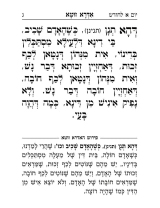 ‫רא‬‫א‬‫טא‬‫ז‬ ְִָָ ‫יו‬‫א‬‫לחודש‬‫ג‬
‫הא‬ ּ‫ד‬‫תנן‬(‫)תנינן‬,‫כיב‬ ׁ‫ש‬ ‫האדם‬ ׁ‫ש‬ ּ‫כ‬ , 
ּ‫ד‬ ‫דינא‬ ‫י‬ ּ‫ב‬‫עי‬ּ‫כ‬ ּ‫מסת‬ ‫א‬‫ין‬ 
‫נטאן‬ ּ‫ד‬ ‫ן‬ֹ‫הו‬ּ‫נ‬‫מ‬ ‫אית‬ ,‫י‬ֹ‫דינו‬ ּ‫ב‬‫כף‬ 
, ׁ‫נש‬ ‫בר‬ ּ‫ד‬ ‫תא‬ּ‫ו‬‫זכ‬ ‫אחזיין‬ ּ‫ד‬ ,‫ת‬ּ‫ו‬‫זכ‬
‫נטאן‬ ּ‫ד‬ ‫ן‬ֹ‫הו‬ּ‫נ‬‫מ‬ ‫ואית‬,‫בה‬ֹ‫חו‬ ‫כף‬ 
‫ו‬ . ׁ‫נש‬ ‫בר‬ ּ‫ד‬ ‫בה‬ֹ‫חו‬ ‫אחזיין‬ ּ‫ד‬‫א‬ 
‫הוה‬ ּ‫ד‬ ‫מה‬ ּ‫כ‬ ,‫ינא‬ ּ‫ד‬ ‫מן‬ ׁ‫איניש‬ ‫נפיק‬
.‫עי‬ ּ‫ב‬
‫זוטא‬ ‫האדרא‬ ‫פירוש‬
‫תנן‬ ‫דּהא‬(‫)תנינן‬:'‫וכו‬ ‫שׁכיב‬ ‫כּשׁהאדם‬ ,,‫למדנ‬ ‫הרי‬ ְֲֵֶַָ
‫לי‬‫מס‬ ‫מעלה‬ ‫ל‬ ‫י‬ ‫ית‬ ,‫לה‬‫ח‬ ‫אד‬ְְְְִִִֵֶֶֶַַָָָ
‫ראי‬ ,‫ת‬‫זכ‬ ‫לכ‬ ‫טי‬ ‫מה‬ ‫י‬ ,.‫דיניו‬ְְְְִִִֵֵֶֶֶַַָ
,‫בה‬‫ח‬ ‫לכ‬ ‫טי‬ ‫מה‬ ‫וי‬ ,‫האד‬ ‫ל‬ ‫ת‬‫זכ‬ְְְִֵֵֶֶֶַָָָָ
‫מ‬ ‫אי‬ ‫צא‬‫י‬ ‫ולא‬ .‫האד‬ ‫ל‬ ‫בת‬‫ח‬ ‫ראי‬ְְִִִֵֶֶַָָָָֹ
.‫צה‬‫ר‬ ‫היה‬ ‫מ‬ ‫י‬‫ה‬ְִֶֶַָָ
 