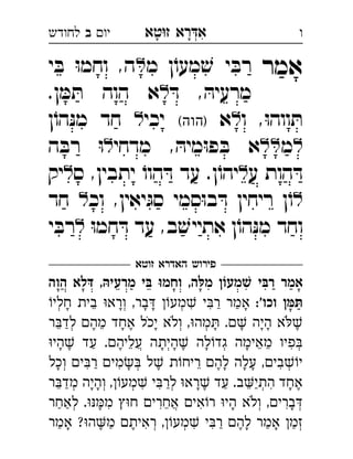 ‫רא‬‫א‬‫טא‬‫ז‬ ְִָָ‫יו‬‫ב‬‫לחודש‬ ‫ו‬
‫אמר‬‫מ‬ ‫ן‬ֹ‫מעו‬ ׁ‫ש‬ ‫י‬ ּ‫רב‬‫י‬ ּ‫ב‬ ּ‫ו‬‫וחמ‬ ,‫ה‬ 
ּ‫ד‬ , ּ‫מרעיה‬.‫ן‬ ּ‫מ‬ ּ‫ת‬ ‫הוה‬ ‫א‬ 
‫ו‬ ,ּ‫ו‬‫ווה‬ ּ‫ת‬‫א‬(‫)הוה‬‫יכי‬‫ן‬ֹ‫הו‬ּ‫נ‬‫מ‬ ‫חד‬  
‫מ‬, ּ‫מיה‬ּ‫ו‬‫פ‬ ּ‫ב‬ ‫א‬‫ב‬‫מדחי‬‫ה‬ ּ‫רב‬ ּ‫ו‬ 
‫ע‬ ‫הות‬ ּ‫ד‬‫ס‬ ,‫יתבין‬ ֹ‫הוו‬ ּ‫ד‬ ‫עד‬ .‫ן‬ֹ‫יהו‬‫יק‬ 
‫וכ‬ ,‫יאין‬ּ‫סג‬ ‫סמי‬ּ‫ו‬‫ב‬ ּ‫ד‬ ‫ריחין‬ ‫ן‬ֹ‫ו‬‫חד‬  
ּ‫ו‬‫חמ‬ ּ‫ד‬ ‫עד‬ ,‫ב‬ ׁ‫אתייש‬ ‫ן‬ֹ‫הו‬ּ‫נ‬‫מ‬ ‫וחד‬‫י‬ ּ‫רב‬ 
‫זוטא‬ ‫האדרא‬ ‫פירוש‬
‫הוה‬ ‫דּלא‬ ,‫מרעיהּ‬ ‫בּי‬ ‫וּ‬‫וחמ‬ ,‫לּה‬‫מ‬ ‫וֹן‬‫שׁמע‬ ‫רבּי‬ ‫אמר‬
:'‫וכו‬ ‫תּמּן‬‫חלי‬ ‫בית‬ ‫ורא‬ ,‫בר‬ ‫מע‬ ‫י‬‫ר‬ ‫אמר‬ ְְְִִֵַַָָָָָ
‫ר‬‫לד‬ ‫מה‬ ‫אחד‬ ‫יכל‬ ‫ולא‬ ,‫מה‬ . ‫היה‬ ‫א‬ְְְֵֵֶֶֶַָָָָָָֹֹֹ
‫הי‬ ‫עד‬ .‫עליה‬ ‫היתה‬ ‫לה‬‫גד‬ ‫מאימה‬ ‫פיו‬ְְְֲִֵֵֵֶֶֶַָָָָָ
‫וכל‬ ‫י‬‫ר‬ ‫מי‬ ‫ל‬ ‫ת‬‫ריח‬ ‫לה‬ ‫עלה‬ ,‫בי‬‫י‬ְְְִִִֵֶֶַָָָָָ
‫ר‬‫מד‬ ‫והיה‬ ,‫מע‬ ‫י‬‫לר‬ ‫רא‬ ‫עד‬ .‫ב‬‫התי‬ ‫אחד‬ְְְְְִִִֵֵֶֶַַַַָָָָ
‫לאחר‬ .‫מ‬ ‫ח‬ ‫אחרי‬ ‫אי‬‫ר‬ ‫הי‬ ‫ולא‬ ,‫ברי‬ְְְֲִִִִֵֶַַָָֹ
‫אמר‬ ?‫ה‬‫מ‬ ‫ראית‬ ,‫מע‬ ‫י‬‫ר‬ ‫לה‬ ‫אמר‬ ‫זמ‬ְְְִִִֶֶֶַַַַַָָָ
 