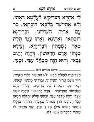 ‫רא‬‫א‬‫טא‬‫ז‬ ְִָָ ‫יו‬‫ב‬‫לחודש‬‫ט‬
ּ‫צד‬ ּ‫ד‬ ‫אתרא‬ ‫י‬‫יקיא‬‫ע‬,‫אתי‬ ּ‫ד‬ ‫מא‬ 
‫ו‬ּ‫ב‬ ‫ר‬ ׁ‫אתייש‬ ‫א‬‫ר‬ ּ‫ב‬ ,‫אי‬ ּ‫כת‬ּ‫ו‬ ּ‫ד‬ ‫אי‬ ּ‫ב‬ 
‫י‬‫ה‬ ‫ה‬ּ‫י‬‫אח‬ ‫עם‬‫ברירנא‬ּ‫ו‬ .‫ני‬ֹ‫ו‬ 
ּ‫ת‬ ‫י‬ ּ‫עמ‬ ּ‫ו‬‫ואת‬ ,‫ואתינא‬ ,‫אי‬ ּ‫כת‬ּ‫ו‬ ּ‫ד‬‫ת‬ 
‫ועי‬ ,‫יקיא‬ ּ‫צד‬ ּ‫ד‬ ‫מתין‬ ׁ‫נש‬ ‫מאה‬‫א‬ 
‫יתיב‬ ‫הוה‬ ּ‫ד‬ ,‫ן‬ֹ‫ו‬ ׁ‫הראש‬ ‫אדם‬ ‫ן‬ֹ‫הו‬ּ‫נ‬‫מ‬
‫ממ‬ ‫הוה‬ ‫א‬ּ‫ו‬‫וה‬ ,‫אי‬ ּ‫ב‬ּ‫ג‬,‫בעי‬ּ‫ו‬ .‫י‬ ּ‫עמ‬ 
‫זוטא‬ ‫האדרא‬ ‫פירוש‬
,‫מי‬‫מק‬ ‫י‬‫ל‬ ‫ב‬‫התי‬ ‫ולא‬ ,‫א‬‫ה‬ ‫ל‬‫לע‬ ‫יקי‬‫ה‬ְְְְִִִִִִֵַַַַָָָֹ
,‫באתי‬ ‫מי‬‫מק‬ ‫י‬‫ברר‬ .‫ני‬‫יל‬‫ה‬ ‫ה‬‫אח‬ ‫מע‬ ‫ח‬ְְֲִִִִִִִֵַַָָָ
‫מה‬ ‫ועלי‬ ,‫יקי‬‫צ‬ ‫ל‬ ‫ת‬‫מ‬‫נ‬ ‫י‬‫ע‬ ‫בא‬ְְְִִִִֵֶֶֶַָָ
‫ב‬‫י‬ ‫היה‬ ,‫הרא‬ ‫אד‬  ‫יקי‬‫ה‬ ‫ת‬‫מ‬‫מ‬ְִִִִִֵֶַַָָָָָ
‫חטא‬ ‫ה‬‫ית‬ ‫א‬ ‫ב‬ ,‫י‬‫ע‬ ‫ר‬‫מד‬ ‫והיה‬ ‫אצלי‬ְְְְְִִִִִֵֵֶֶֶֶַַָָֹ
‫גלל‬ ‫רה‬‫ה‬ ‫אמרה‬ ‫ת‬‫מא‬ ‫ח‬ ,‫ל‬‫הע‬ ‫לכל‬ְְְִֵֶַָָָָָָָ
‫ת‬‫א‬ ‫ר‬‫ונס‬‫ל‬ ‫י‬‫אמר‬ ‫ואני‬ .‫עד‬  ‫ל‬ ‫איל‬ ְְְְֲִִִִֵֶֶַַַָָָ
‫החברי‬ ‫הרי‬(‫)כבר‬. ֲֲִִֵֵֶַ
 