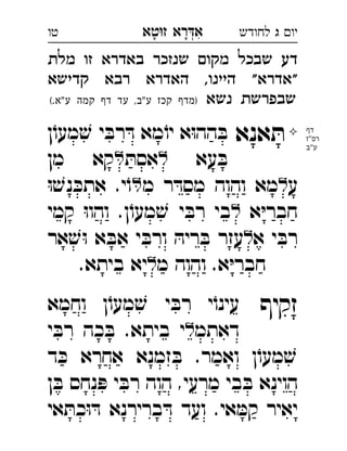 ‫רא‬‫א‬‫טא‬‫ז‬ ְִָָ ‫יו‬‫ג‬‫לחודש‬‫טו‬
‫מלת‬ ‫זו‬ ‫באדרא‬ ‫שנזכר‬ ‫מקו‬ ‫שבכל‬ ‫דע‬
‫קדישא‬ ‫רבא‬ ‫האדרא‬ ,‫היינו‬ "‫"אדרא‬
‫נשא‬ ‫שבפרשת‬(.‫"א‬‫ע‬ ‫קמה‬ ‫דף‬ ‫עד‬ ,‫"ב‬‫ע‬ ‫קכז‬ ‫)מדף‬

‫אנא‬ ּ‫ת‬‫ן‬ֹ‫מעו‬ ׁ‫ש‬ ‫י‬ ּ‫רב‬ ּ‫ד‬ ‫מא‬ֹ‫יו‬ ‫א‬ּ‫ו‬‫הה‬ ּ‫ב‬ 
‫עא‬ ּ‫ב‬ּ‫אסת‬‫מן‬ ‫קא‬ 
‫ע‬‫מ‬ ‫ר‬ ּ‫מסד‬ ‫והוה‬ ‫מא‬ּ‫ו‬ ׁ‫נש‬ ּ‫אתכ‬ .‫י‬ֹ‫ו‬ 
‫א‬ּ‫י‬‫חבר‬‫קמי‬ ּ‫ו‬‫והו‬ .‫ן‬ֹ‫מעו‬ ׁ‫ש‬ ‫י‬ ּ‫רב‬ ‫בי‬ 
‫א‬ ‫י‬ ּ‫רב‬‫אר‬ ׁ‫ש‬ּ‫ו‬ ‫א‬ ּ‫אב‬ ‫י‬ ּ‫ורב‬ ּ‫ריה‬ ּ‫ב‬ ‫עזר‬ 
‫מ‬ ‫והוה‬ .‫א‬ּ‫י‬‫חבר‬.‫ביתא‬ ‫יא‬ 
‫זקיף‬‫וחמא‬ ‫ן‬ֹ‫מעו‬ ׁ‫ש‬ ‫י‬ ּ‫רב‬ ‫י‬ֹ‫עינו‬ 
‫דאתמ‬‫י‬ ּ‫רב‬ ‫כה‬ ּ‫ב‬ .‫ביתא‬ ‫י‬ 
‫ד‬ ּ‫כ‬ ‫אחרא‬ ‫זמנא‬ ּ‫ב‬ .‫ואמר‬ ‫ן‬ֹ‫מעו‬ ׁ‫ש‬
‫הו‬‫ן‬ ּ‫ב‬ ‫נחס‬ ּ‫פ‬ ‫י‬ ּ‫רב‬ ‫הוה‬ ,‫מרעי‬ ‫בי‬ ּ‫ב‬ ‫ינא‬ 
‫אי‬ ּ‫כת‬ּ‫ו‬ ּ‫ד‬ ‫ברירנא‬ ּ‫ד‬ ‫ועד‬ .‫אי‬ ּ‫קמ‬ ‫יאיר‬
‫דף‬
‫רפ"ז‬
‫ע"ב‬
 