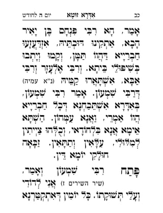 ‫רא‬‫א‬‫טא‬‫ז‬ ְִָָ‫יו‬‫ה‬‫לחודש‬ ‫כב‬
‫יאיר‬ ‫ן‬ ּ‫ב‬ ‫נחס‬ ּ‫פ‬ ‫י‬ ּ‫רב‬ ‫הא‬ ,‫אמר‬
ּ‫ו‬‫עזע‬ ּ‫אזד‬ , ּ‫יה‬ ּ‫כת‬ּ‫ו‬ ּ‫ד‬ ּ‫ו‬‫אתקינ‬ ,‫הכא‬
ּ‫ו‬‫ויתב‬ ּ‫ו‬‫וקמ‬ ,‫ן‬ ּ‫מ‬ ּ‫ת‬ ֹ‫הוו‬ ּ‫ד‬ ‫חברייא‬
ּ‫ו‬ ּ‫יפ‬ ׁ‫ש‬ ּ‫ב‬‫א‬ ‫י‬ ּ‫ורב‬ .‫יתא‬ ּ‫ב‬ ‫י‬‫י‬ ּ‫ורב‬ ‫עזר‬ 
ּ‫יה‬ ּ‫קמ‬ ּ‫ו‬‫אר‬ ּ‫ת‬ ׁ‫אש‬ ,‫א‬ ּ‫אב‬(‫עמיה‬ ‫''א‬‫)נ‬ 
,‫ן‬ֹ‫מעו‬ ׁ‫ש‬ ‫י‬ ּ‫רב‬ ‫אמר‬ .‫ן‬ֹ‫מעו‬ ׁ‫ש‬ ‫י‬ ּ‫רב‬ ּ‫ד‬
‫כ‬ ּ‫ד‬ ‫כחנא‬ ּ‫ת‬ ׁ‫אש‬ ‫רא‬ ּ‫אד‬ ּ‫ב‬‫חברייא‬ 
‫א‬ ּ‫ת‬ ׁ‫הש‬ .‫ן‬ֹ‫הו‬ ּ‫עמ‬ ‫ואנא‬ ,‫אמרי‬ ֹ‫הוו‬
ּ‫ב‬ ‫אנא‬ ‫אימא‬‫וכ‬ ,‫דאי‬ֹ‫חו‬‫צייתין‬ ּ‫ו‬‫ה‬ 
‫מ‬ּ‫ו‬‫ע‬ ,‫י‬‫אה‬ ּ‫זכ‬ .‫אין‬ ּ‫ותת‬ ‫אין‬ 
ּ‫ו‬‫ח‬.‫ין‬ ּ‫ד‬ ‫מא‬ֹ‫יו‬ ‫קי‬
‫תח‬ ּ‫פ‬,‫ואמר‬ ‫ן‬ֹ‫מעו‬ ׁ‫ש‬ ‫י‬ ּ‫רב‬ 
(‫ז‬ ‫השירים‬ ‫)שיר‬‫אני‬‫די‬ֹ‫דו‬ 
‫וע‬ּ‫כ‬ .ֹ‫קתו‬ּ‫ו‬ ׁ‫ש‬ ּ‫ת‬ ‫י‬‫רנא‬ ּ‫אתקט‬ ּ‫ד‬ ‫מין‬ֹ‫יו‬ 
 