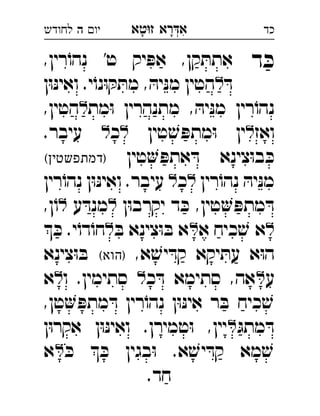 ‫רא‬‫א‬‫טא‬‫ז‬ ְִָָ‫יו‬‫ה‬‫לחודש‬ ‫כד‬
‫ד‬ ּ‫כ‬,‫רין‬ֹ‫נהו‬ '‫ט‬ ‫יק‬ ּ‫אפ‬ ,‫קן‬ ּ‫אתת‬ 
ּ‫ד‬‫ן‬ּ‫ו‬ּ‫נ‬‫ואי‬ .‫י‬ֹ‫נו‬ּ‫ו‬ ּ‫ק‬ ּ‫מת‬ , ּ‫יה‬ּ‫נ‬‫מ‬ ‫הטין‬ 
‫מת‬ּ‫ו‬ ‫מתנהרין‬ , ּ‫יה‬ּ‫נ‬‫מ‬ ‫רין‬ֹ‫נהו‬,‫הטין‬ 
‫ואז‬‫טין‬ ׁ‫ש‬ ּ‫מתפ‬ּ‫ו‬ ‫ין‬‫כ‬.‫עיבר‬ 
‫טין‬ ּ‫אתפ‬ ּ‫ד‬ ‫צינא‬ּ‫ו‬‫ב‬ ּ‫כ‬(‫)דמתפשטין‬ 
‫רין‬ֹ‫נהו‬ ּ‫יה‬ּ‫נ‬‫מ‬‫כ‬‫רין‬ֹ‫נהו‬ ‫ן‬ּ‫ו‬ּ‫נ‬‫ואי‬ .‫עיבר‬  
‫ן‬ּ‫ו‬‫יקרב‬ ‫ד‬ ּ‫כ‬ ,‫טין‬ ּ‫מתפ‬ ּ‫ד‬‫ע‬ ּ‫מנד‬,‫ן‬ֹ‫ו‬ 
‫א‬ ‫כיח‬ ׁ‫ש‬ ‫א‬ּ‫ב‬ ‫צינא‬ּ‫ו‬ ּ‫ב‬ ‫א‬ ּ‫כ‬ .‫י‬ֹ‫דו‬ֹ‫חו‬ 
,‫א‬ ׁ‫יש‬ ּ‫קד‬ ‫יקא‬ ּ‫עת‬ ‫א‬ּ‫ו‬‫ה‬(‫)הוא‬‫צינא‬ּ‫ו‬ ּ‫ב‬ 
‫ע‬‫כ‬ ּ‫ד‬ ‫סתימא‬ ,‫אה‬‫ו‬ .‫סתימין‬ ‫א‬ 
‫ר‬ֹ‫נהו‬ ‫ן‬ּ‫ו‬ּ‫נ‬‫אי‬ ‫ר‬ ּ‫ב‬ ‫כיח‬ ׁ‫ש‬,‫טן‬ ּ‫מתפ‬ ּ‫ד‬ ‫ין‬ 
ּ‫מתג‬ ּ‫ד‬‫ן‬ּ‫ו‬‫אקר‬ ‫ן‬ּ‫ו‬ּ‫נ‬‫ואי‬ .‫טמירן‬ּ‫ו‬ ,‫יין‬ 
ּ‫כ‬  ּ‫כ‬ ‫בגין‬ּ‫ו‬ .‫א‬ ׁ‫יש‬ ּ‫קד‬ ‫מא‬ ׁ‫ש‬‫א‬ 
.‫חד‬
 