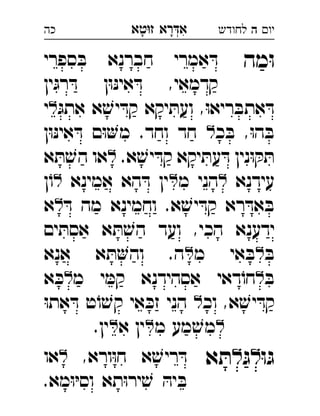 ‫רא‬‫א‬‫טא‬‫ז‬ ְִָָ ‫יו‬‫ה‬‫לחודש‬‫כה‬
‫מה‬ּ‫ו‬‫ספרי‬ ּ‫ב‬ ‫חברנא‬ ‫אמרי‬ ּ‫ד‬ 
‫ין‬ּ‫רג‬ ּ‫ד‬ ‫ן‬ּ‫ו‬ּ‫נ‬‫אי‬ ּ‫ד‬ ,‫קדמאי‬
ּ‫אתג‬ ‫א‬ ׁ‫יש‬ ּ‫קד‬ ‫יקא‬ ּ‫ועת‬ ,ּ‫ו‬‫ריא‬ ּ‫אתב‬ ּ‫ד‬‫י‬ 
‫כ‬ ּ‫ב‬ ,ּ‫ו‬‫ה‬ ּ‫ב‬‫ן‬ּ‫ו‬ּ‫נ‬‫אי‬ ּ‫ד‬ ‫ם‬ּ‫ו‬‫מ‬ .‫וחד‬ ‫חד‬ 
.‫א‬ ׁ‫יש‬ ּ‫קד‬ ‫יקא‬ ּ‫עת‬ ּ‫ד‬ ‫נין‬ּ‫ו‬ ּ‫ק‬ ּ‫ת‬‫א‬ ּ‫ת‬ ׁ‫הש‬ ‫או‬ 
‫עידנא‬‫מ‬ ‫הני‬‫אמינא‬ ‫הא‬ ּ‫ד‬ ‫ין‬‫ן‬ֹ‫ו‬ 
ּ‫ד‬ ‫מה‬ ‫וחמינא‬ .‫א‬ ׁ‫יש‬ ּ‫קד‬ ‫רא‬ ּ‫אד‬ ּ‫ב‬‫א‬ 
‫ים‬ ּ‫אסת‬ ‫א‬ ּ‫ת‬ ׁ‫הש‬ ‫ועד‬ ,‫הכי‬ ‫ידענא‬
ּ‫ב‬‫מ‬ ‫אי‬ ּ‫ב‬‫אנא‬ ‫א‬ ּ‫ת‬‫וה‬ .‫ה‬ 
ּ‫ב‬‫מ‬ ‫י‬ ּ‫קמ‬ ‫אסהידנא‬ ‫דאי‬ֹ‫חו‬‫א‬ ּ‫כ‬ 
‫וכ‬ ,‫א‬ ׁ‫יש‬ ּ‫קד‬ּ‫ו‬‫את‬ ּ‫ד‬ ‫ט‬ֹ‫ו‬ ׁ‫קש‬ ‫אי‬ ּ‫זכ‬ ‫הני‬ 
‫מ‬ ‫מע‬ ׁ‫מש‬‫א‬ ‫ין‬.‫ין‬ 
ּ‫ו‬ּ‫ג‬‫ל‬ּ‫ג‬‫ל‬‫א‬ ּ‫ת‬,‫ורא‬ּ‫ו‬‫ח‬ ‫א‬ ׁ‫ריש‬ ּ‫ד‬‫או‬ 
.‫מא‬ּ‫ו‬ּ‫י‬‫וס‬ ‫תא‬ּ‫ו‬‫יר‬ ׁ‫ש‬ ּ‫יה‬ ּ‫ב‬
 