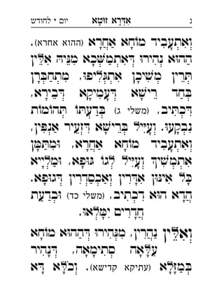 ‫רא‬‫א‬‫טא‬‫ז‬ ְִָָ‫יו‬‫י‬‫לחודש‬ ‫נ‬
‫אחרא‬ ‫חא‬ֹ‫מו‬ ‫ואתעביד‬(‫אחרא‬ ‫)ההוא‬. 
‫א‬ ּ‫יה‬ּ‫נ‬‫מ‬ ‫כא‬‫אתמ‬ ּ‫ד‬ ּ‫ו‬‫נהיר‬ ‫א‬ּ‫ו‬‫הה‬‫ין‬ 
ּ‫אתג‬ ‫יכן‬ ׁ‫מש‬ ‫רין‬ ּ‫ת‬‫רן‬ ּ‫מתחב‬ ,ּ‫ו‬‫יפ‬ 
,‫בירא‬ ּ‫ד‬ ‫עמיקא‬ ּ‫ד‬ ‫א‬ ׁ‫ריש‬ ‫חד‬ ּ‫ב‬
,‫יב‬ ּ‫כת‬ ּ‫ד‬(‫ג‬ ‫)משלי‬‫ת‬ֹ‫מו‬ֹ‫הו‬ ּ‫ת‬ ֹ‫ו‬ ּ‫דעת‬ ּ‫ב‬ 
‫י‬ּ‫י‬‫וע‬ .ּ‫ו‬‫נבקע‬,‫ין‬ ּ‫אנפ‬ ‫זעיר‬ ּ‫ד‬ ‫א‬ ׁ‫ריש‬ ּ‫ב‬  
‫ן‬ ּ‫מ‬ ּ‫מת‬ּ‫ו‬ ,‫אחרא‬ ‫חא‬ֹ‫מו‬ ‫ואתעביד‬
‫י‬ּ‫י‬‫וע‬ ‫י‬ ׁ‫אתמש‬‫מ‬ּ‫ו‬ ,‫פא‬ּ‫ו‬ּ‫ג‬ ֹ‫גו‬‫ייא‬ 
ּ‫כ‬.‫פא‬ּ‫ו‬‫ג‬ ּ‫ד‬ ‫ואכסדרין‬ ‫רין‬ ּ‫אד‬ ‫ן‬ּ‫ו‬ּ‫נ‬‫אי‬ 
,‫דכתיב‬ ‫א‬ּ‫ו‬‫ה‬ ‫הדא‬(‫כד‬ ‫)משלי‬‫בדעת‬ּ‫ו‬ 
ּ‫ימ‬ ‫חדרים‬.ּ‫ו‬‫א‬ 
‫וא‬‫ין‬‫חא‬ֹ‫מו‬ ‫א‬ּ‫ו‬‫הה‬ ּ‫ד‬ ּ‫ו‬‫היר‬ּ‫נ‬‫מ‬ ,‫נהרין‬ 
‫ע‬‫נהיר‬ ּ‫ד‬ ,‫סתימאה‬ ‫אה‬ 
ּ‫ז‬‫מ‬ ּ‫ב‬‫א‬(‫קדישא‬ ‫)עתיקא‬‫וכ‬ .‫א‬ ּ‫ד‬ ‫א‬ 
 