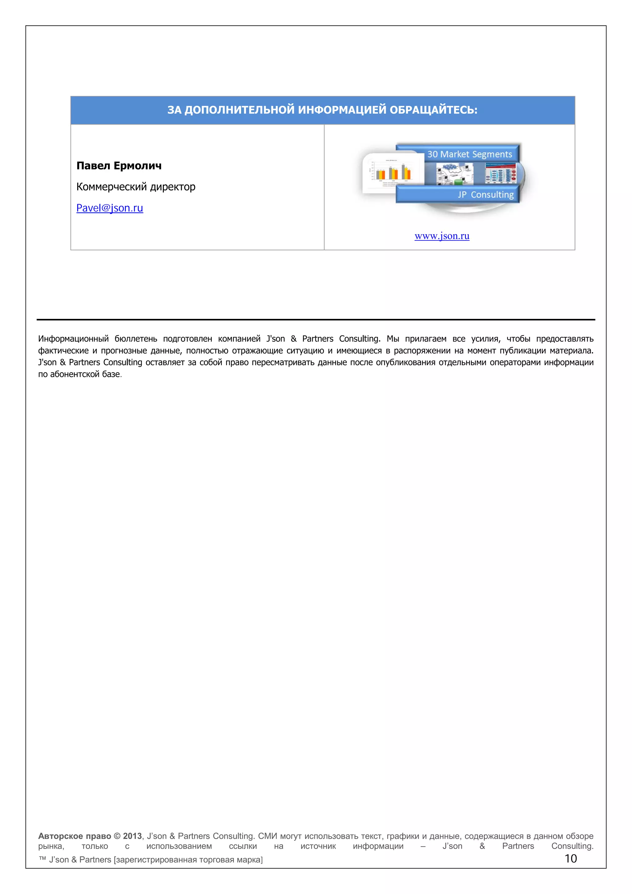Авторское право © 2013, J’son & Partners Consulting. СМИ могут использовать текст, графики и данные, содержащиеся в данном обзоре
рынка, только с использованием ссылки на источник информации – J’son & Partners Consulting.
™ J’son & Partners [зарегистрированная торговая марка] 10
ЗА ДОПОЛНИТЕЛЬНОЙ ИНФОРМАЦИЕЙ ОБРАЩАЙТЕСЬ:
Павел Ермолич
Коммерческий директор
Pavel@json.ru
www.json.ru
Информационный бюллетень подготовлен компанией J'son & Partners Consulting. Мы прилагаем все усилия, чтобы предоставлять
фактические и прогнозные данные, полностью отражающие ситуацию и имеющиеся в распоряжении на момент публикации материала.
J'son & Partners Consulting оставляет за собой право пересматривать данные после опубликования отдельными операторами информации
по абонентской базе.
 