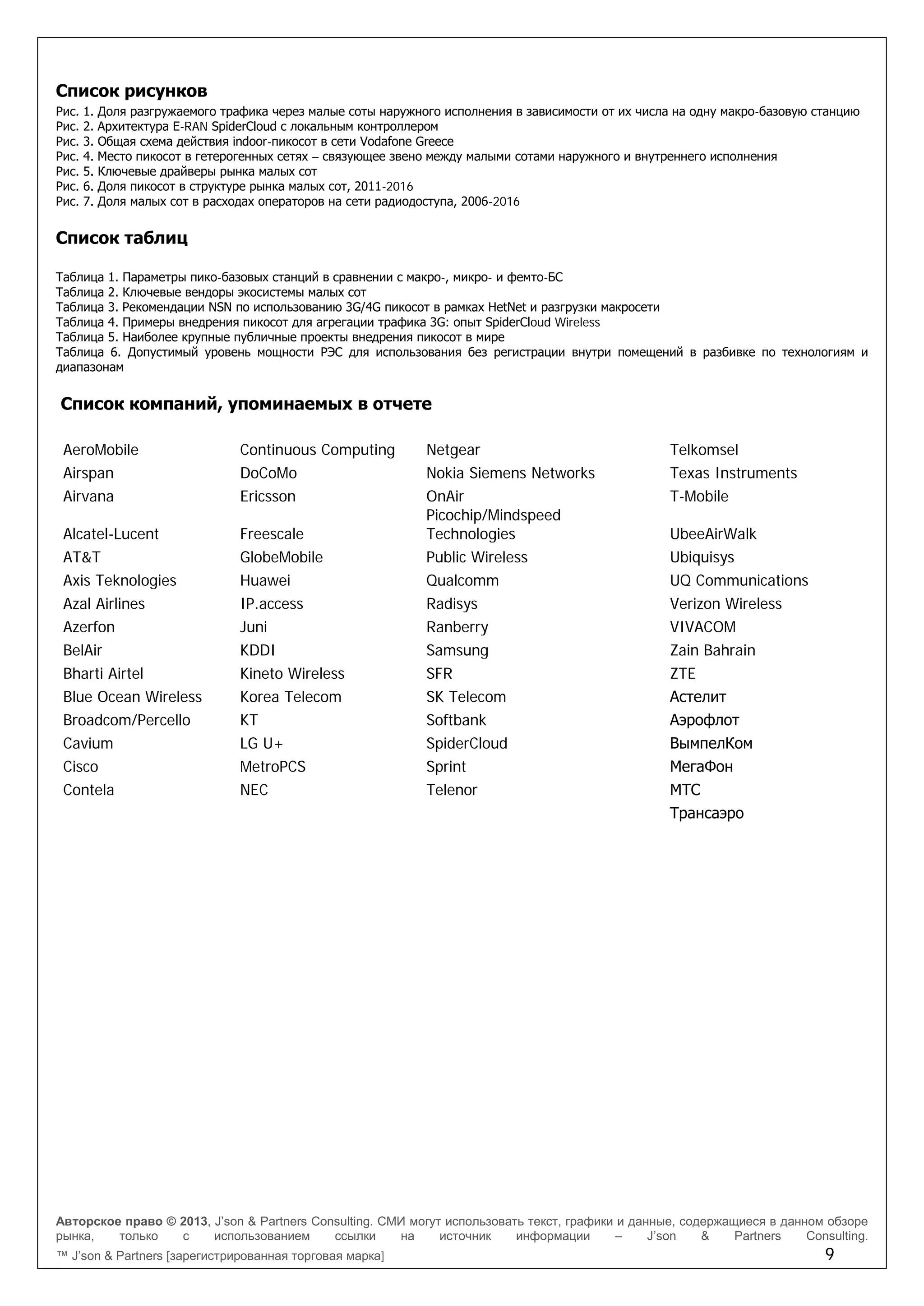 Авторское право © 2013, J’son & Partners Consulting. СМИ могут использовать текст, графики и данные, содержащиеся в данном обзоре
рынка, только с использованием ссылки на источник информации – J’son & Partners Consulting.
™ J’son & Partners [зарегистрированная торговая марка] 9
Список рисунков
Рис. 1. Доля разгружаемого трафика через малые соты наружного исполнения в зависимости от их числа на одну макро-базовую станцию
Рис. 2. Архитектура E-RAN SpiderCloud с локальным контроллером
Рис. 3. Общая схема действия indoor-пикосот в сети Vodafone Greece
Рис. 4. Место пикосот в гетерогенных сетях – связующее звено между малыми сотами наружного и внутреннего исполнения
Рис. 5. Ключевые драйверы рынка малых сот
Рис. 6. Доля пикосот в структуре рынка малых сот, 2011-2016
Рис. 7. Доля малых сот в расходах операторов на сети радиодоступа, 2006-2016
Список таблиц
Таблица 1. Параметры пико-базовых станций в сравнении с макро-, микро- и фемто-БС
Таблица 2. Ключевые вендоры экосистемы малых сот
Таблица 3. Рекомендации NSN по использованию 3G/4G пикосот в рамках HetNet и разгрузки макросети
Таблица 4. Примеры внедрения пикосот для агрегации трафика 3G: опыт SpiderCloud Wireless
Таблица 5. Наиболее крупные публичные проекты внедрения пикосот в мире
Таблица 6. Допустимый уровень мощности РЭС для использования без регистрации внутри помещений в разбивке по технологиям и
диапазонам
Список компаний, упоминаемых в отчете
AeroMobile Continuous Computing Netgear Telkomsel
Airspan DoCoMo Nokia Siemens Networks Texas Instruments
Airvana Ericsson OnAir T-Mobile
Alcatel-Lucent Freescale
Picochip/Mindspeed
Technologies UbeeAirWalk
AT&T GlobeMobile Public Wireless Ubiquisys
Axis Teknologies Huawei Qualcomm UQ Communications
Azal Airlines IP.access Radisys Verizon Wireless
Azerfon Juni Ranberry VIVACOM
BelAir KDDI Samsung Zain Bahrain
Bharti Airtel Kineto Wireless SFR ZTE
Blue Ocean Wireless Korea Telecom SK Telecom Астелит
Broadcom/Percello KT Softbank Аэрофлот
Cavium LG U+ SpiderCloud ВымпелКом
Cisco MetroPCS Sprint МегаФон
Contela NEC Telenor МТС
Трансаэро
 