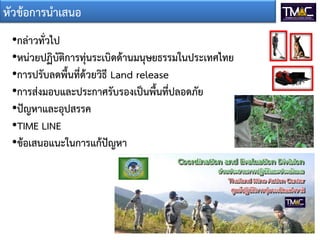 •กล่าวทั่วไป
•หน่วยปฏิบัติการทุ่นระเบิดด้านมนุษยธรรมในประเทศไทย
•การปรับลดพื้นที่ด้วยวิธี Land release
•การส่งมอบและประกาศรับรองเป็นพื้นที่ปลอดภัย
•ปัญหาและอุปสรรค
•TIME LINE
•ข้อเสนอแนะในการแก้ปัญหา
หัวข้อการนาเสนอ
 