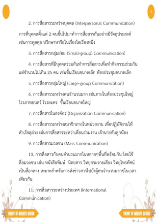 2. การสื่อสารระหว่างบุคคล (Interpersonal Communication)
การที่บุคคลตั้งแต่ 2 คนขึ้นไปมาทําการสื่อสารกันอย่างมีวัตถุประสงค์
เช่นการพูดคุย ปรึกษาหารือในเรื่องใดเรื่องหนึ่ง
3. การสื่อสารกลุ่มย่อย (Small-group) Communication)
4. การสื่อสารที่มีบุคคลร่วมกันทําการสื่อสารเพื่อทํากิจกรรมร่วมกัน
แต่จํานวนไม่เกิน 25 คน เช่นชั้นเรียนขนาดเล็ก ห้องประชุมขนาดเล็ก
5. การสื่อสารกลุ่มใหญ่ (Large-group Communication)
6. การสื่อสารระหว่างคนจํานวนมาก เช่นภายในห้องประชุมใหญ่
โรงภาพยนตร์ โรงละคร ชั้นเรียนขนาดใหญ่
7. การสื่อสารในองค์กร (Organization Communication)
8. การสื่อสารระหว่างสมาชิกภายในหน่วยงาน เพื่อปฏิบัติงานให้
สําเร็จลุล่วง เช่นการสื่อสารระหว่าเพื่อนร่วมงาน เจ้านายกับลูกน้อง
9. การสื่อสารมวลชน (Mass Communication)
10. การสื่อสารกับคนจํานวนมากในหลายๆพื้นที่พร้อมกัน โดยใช้
สื่อมวลชน เช่น หนังสือพิมพ์ นิตยสาร วิทยุกระจายเสียง วิทยุโทรทัศน์
เป็นสื่อกลาง เหมาะสําหรับการส่งข่าวสารไปยังผู้คนจํานวนมากๆในเวลา
เดียวกัน
11. การสื่อสารระหว่างประเทศ (International
Communication)
3
 