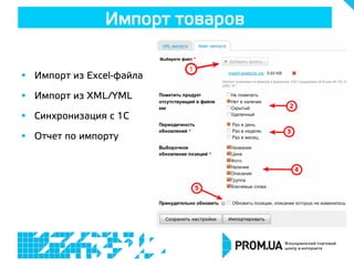 §  Импорт из Excel-файла
§  Импорт из XML/YML
§  Синхронизация с 1С
§  Отчет по импорту
Импорт товаров
 