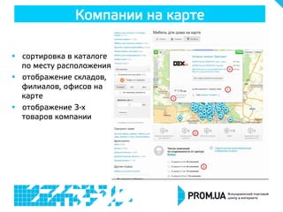 §  сортировка в каталоге
по месту расположения
§  отображение складов,
филиалов, офисов на
карте
§  отображение 3-х
товаров компании
Компании на карте
 