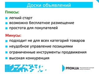Доски объявлений
Плюсы:
Минусы:
  легкий старт
  возможно бесплатное размещение
  простота для покупателей
  подходит не для всех категорий товаров
  неудобное управление позициями
  ограниченные инструменты продвижения
  высокая конкуренция
 