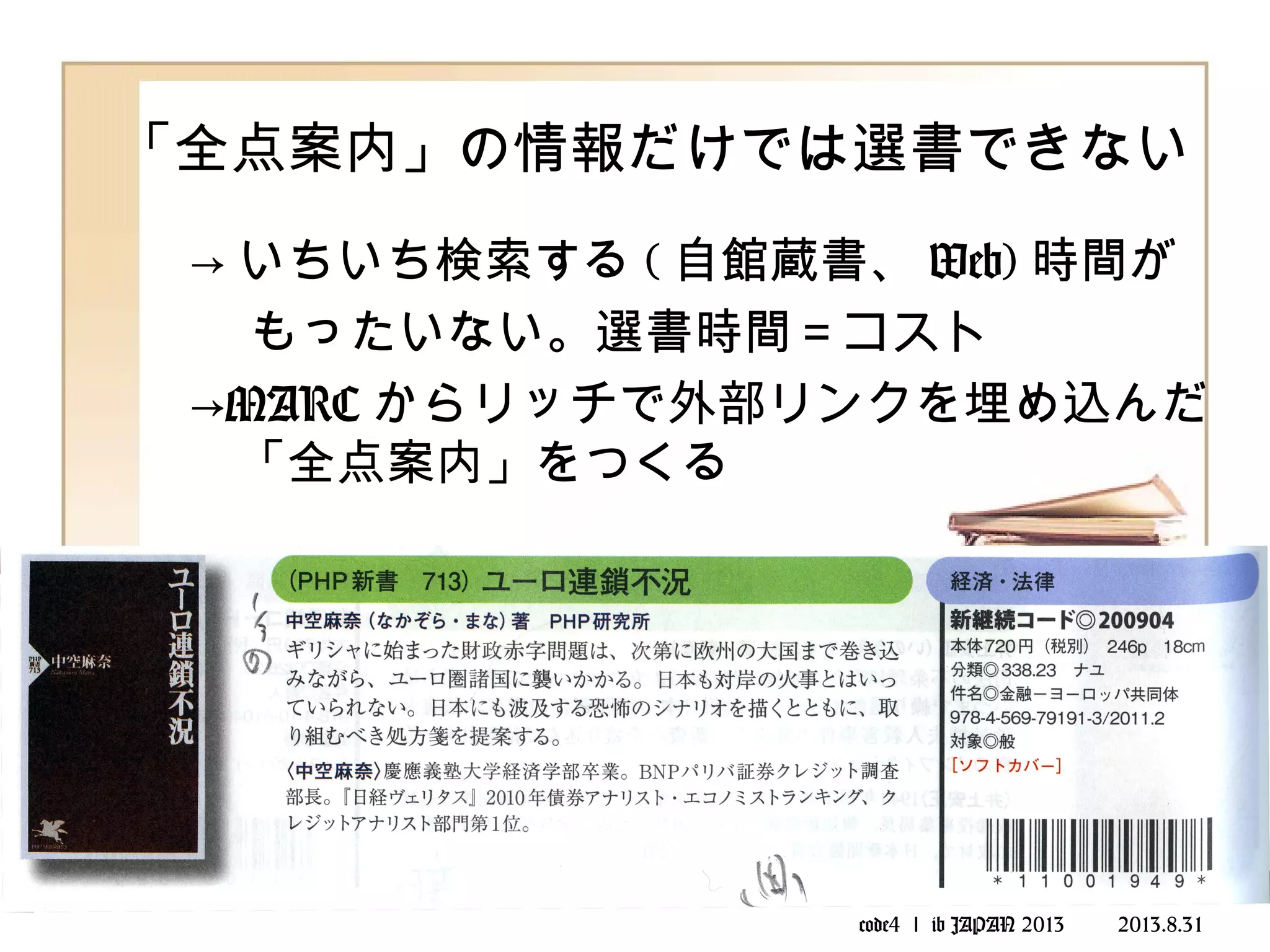 code4 ｌ ib JAPAN 2013 　　 2013.8.31
「全点案内」の情報だけでは選書できない
→ いちいち検索する ( 自館蔵書、 Web) 時間が
もったいない。選書時間＝コスト
→MARC からリッチで外部リンクを埋め込んだ
「全点案内」をつくる
 