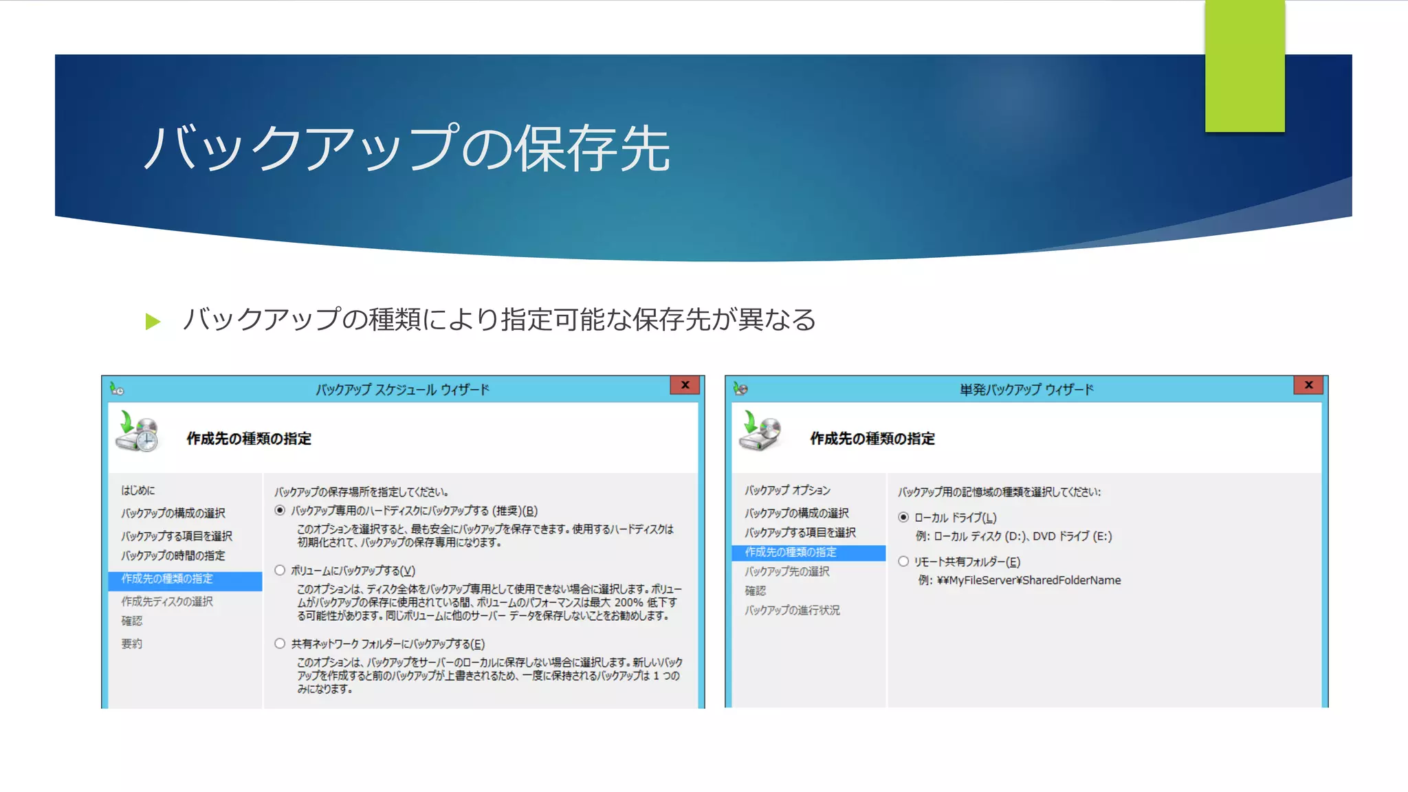 バックアップの保存先
 バックアップの種類により指定可能な保存先が異なる
 