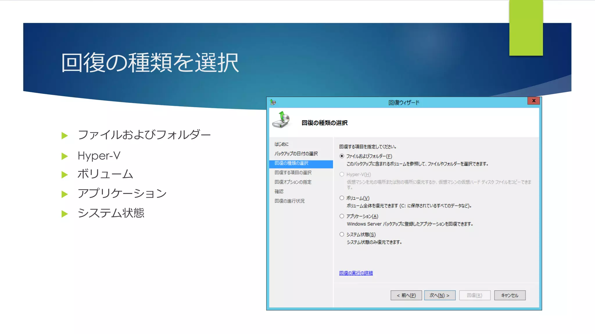 回復の種類を選択
 ファイルおよびフォルダー
 Hyper-V
 ボリューム
 アプリケーション
 システム状態
 