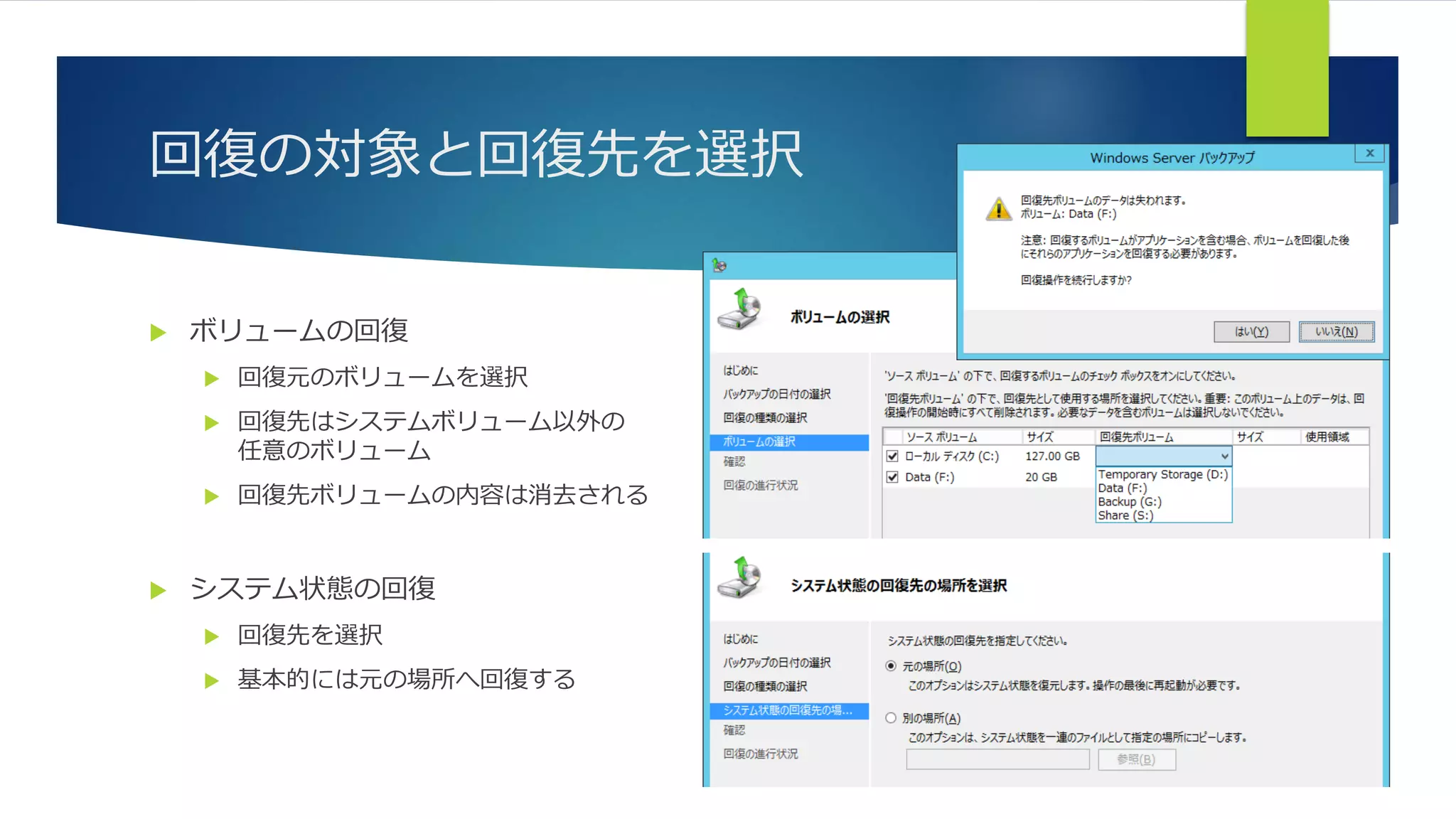 回復の対象と回復先を選択
 ボリュームの回復
 回復元のボリュームを選択
 回復先はシステムボリューム以外の
任意のボリューム
 回復先ボリュームの内容は消去される
 システム状態の回復
 回復先を選択
 基本的には元の場所へ回復する
 