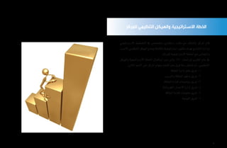 ‫اال�سرتاتيجي‬ ‫التخطيط‬ ‫يف‬ ‫متخ�ص�ص‬ ‫ا�ست�شاري‬ ‫مكتب‬ ‫مع‬ ‫بالتعاقد‬ ‫املركز‬ ‫قام‬
‫االن�سب‬‫التنظيمي‬‫الهيكل‬‫وو�ضع‬‫متكاملة‬‫ا�سرتاتيجية‬‫تطوير‬‫بهدف‬‫امل�شاريع‬‫إدارة‬�‫و‬
.‫للمركز‬‫اال�سرتاتيجية‬‫اخلطة‬‫مع‬‫واملتجان�س‬
‫والهيكل‬ ‫اال�سرتاتيجية‬ ‫اخلطة‬ ‫ا�ستكمال‬ ‫حني‬ ‫واىل‬ %70 ‫إجناز‬� ‫مت‬ ‫التقرير‬ ‫عام‬ ‫يف‬
:‫التايل‬‫النحو‬‫على‬‫املركز‬‫مبهام‬‫للقيام‬‫عمل‬‫فرق‬‫�ستة‬‫ت�شكيل‬‫مت‬،‫التنظيمي‬
‫الطاقة‬‫إدارة‬�‫نظم‬‫فريق‬-1
‫والتدريب‬‫الطاقة‬‫تدقيق‬‫فريق‬-2
‫الطاقة‬‫كفاءة‬‫موا�صفات‬‫فريق‬-3
‫الكهربائية‬‫االحمال‬‫إدارة‬�‫فريق‬-4
‫الطاقة‬‫كفاءة‬‫معلومات‬‫فريق‬-5
‫التوعية‬‫فريق‬-6
‫للمركز‬ ‫التنظيمي‬ ‫والهيكل‬ ‫االستراتيجية‬ ‫الخطة‬
8
 