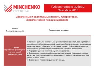 Заявленные и реализуемые проекты губернаторов.
Управленческое позиционирование
Губернаторские выборы
Сентябрь 2013
Глава/
Позиционирование Заявленные проекты
С. Орлова
Управление транспортно-
логистической
инфраструктурой
Наиболее крупными заявленными проектами стали строительство аэропорта и
высокоскоростной железнодорожной магистрали. Был анонсирован также переход
части транспорта в области на газомоторное топливо. Во Владимире проведен
экономический форум «Покупай Владимирское – покупай Российское!»
Перераспредление сферы коммунальных ресурсов.
Возрождение туристической инфраструктуры: усадьба Храповицкого, город-
мастеров в Гусь-Хрустальном, строительство собственного диснейленда на базе
русских былин и сказок.
Возрождение гусевского хрустального завода.
 