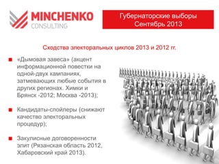 Сходства электоральных циклов 2013 и 2012 гг.
Губернаторские выборы
Сентябрь 2013
«Дымовая завеса» (акцент
информационной повестки на
одной-двух кампаниях,
затмевающих любые события в
других регионах. Химки и
Брянск -2012; Москва -2013);
Кандидаты-спойлеры (снижают
качество электоральных
процедур);
Закулисные договоренности
элит (Рязанская область 2012,
Хабаровский край 2013).
 
