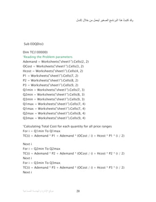 ‫اﻟﺼﻨﺎﻋﯿﺔ‬ ‫واﻟﮭﻨﺪﺳﺔ‬ ‫اﻹدارة‬ ‫ﻣﻮﻗﻊ‬ 20
‫وﻗﺪ‬‫إﻛﺴﻞ‬ ‫ﺧﻼل‬ ‫ﻣﻦ‬ ‫ﻟﯿﻌﻤﻞ‬ ‫اﻟﺼﻐﯿﺮ‬ ‫اﻟﺒﺮﻧﺎﻣﺞ‬ ‫ھﺬا‬ ُ‫ﺖ‬‫ﻛﺘﺒ‬
Sub EOQDis()
Dim TC(100000)
‘Reading the Problem parameters
Ademand = Worksheets(”sheet1”).Cells(2, 2)
OCost = Worksheets(”sheet1”).Cells(3, 2)
Hcost = Worksheets(”sheet1”).Cells(4, 2)
P1 = Worksheets(”sheet1”).Cells(7, 2)
P2 = Worksheets(”sheet1”).Cells(8, 2)
P3 = Worksheets(”sheet1”).Cells(9, 2)
Q1min = Worksheets(”sheet1”).Cells(7, 3)
Q2min = Worksheets(”sheet1”).Cells(8, 3)
Q3min = Worksheets(”sheet1”).Cells(9, 3)
Q1max = Worksheets(”sheet1”).Cells(7, 4)
Q1max = Worksheets(”sheet1”).Cells(7, 4)
Q2max = Worksheets(”sheet1”).Cells(8, 4)
Q3max = Worksheets(”sheet1”).Cells(9, 4)
‘Calculating Total Cost for each quantity for all price ranges
For i = Q1min To Q1max
TC(i) = Ademand * P1 + Ademand * (OCost / i) + Hcost * P1 * (i / 2)
Next i
For i = Q2min To Q2max
TC(i) = Ademand * P2 + Ademand * (OCost / i) + Hcost * P2 * (i / 2)
Next i
For i = Q3min To Q3max
TC(i) = Ademand * P3 + Ademand * (OCost / i) + Hcost * P3 * (i / 2)
Next i
 