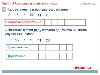 В порядке возрастания:
Однозначные:
МАТЕМАТИКА
Назовите числа в порядке возрастания:1
73 10 11 2015
Назовите в этом ряду сначала однозначные, потом
двузначные числа.
73 10 11 2015
Двузначные:
ПРОВЕРЬ!
Урок 1.3 Сложение и вычитание чисел
 
