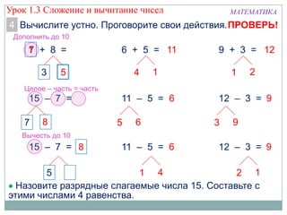МАТЕМАТИКА
Вычислите устно. Проговорите свои действия.4 ПРОВЕРЬ!
7 + 8 =
15 – 7 =
15 – 7 =
3 5
7 8
5 2
6 + 5 =
11 – 5 =
11 – 5 =
4 1
5 6
1 4
Дополнить до 10
Целое – часть = часть
Вычесть до 10
5
1
8
8
11
6
6
9 + 3 =
12 – 3 =
12 – 3 =
1 2
3 9
2 1
12
9
9
Назовите разрядные слагаемые числа 15. Составьте с
этими числами 4 равенства.
Урок 1.3 Сложение и вычитание чисел
 