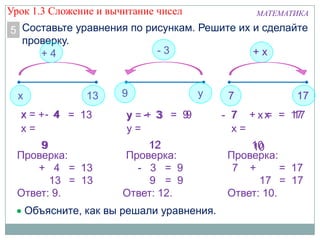 12
х + 4 = 13
МАТЕМАТИКА
Составьте уравнения по рисункам. Решите их и сделайте
проверку.
5
Объясните, как вы решали уравнения.
х
+ 4
13
х = 13- 4
х =
9
Проверка:
х + 4 = 13
9
13 = 13
Ответ: 9.
9
- 3
у
у - 3 = 9у = 9+ 3
у =
Проверка:
у - 3 = 9
9 = 9
Ответ: 12.
12 10
7 + х = 17
7
+ х
17
х = 17- 7
х =
Проверка:
7 + х = 17
10
17 = 17
Ответ: 10.
Урок 1.3 Сложение и вычитание чисел
 
