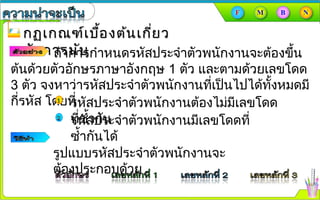 กฏเกณฑ์เบื้องต้นเกี่ยวกฏเกณฑ์เบื้องต้นเกี่ยว
กับการนับกับการนับถ้าการกำาหนดรหัสประจำาตัวพนักงานจะต้องขึ้น
ต้นด้วยตัวอักษรภาษาอังกฤษ 1 ตัว และตามด้วยเลขโดด
3 ตัว จงหาว่ารหัสประจำาตัวพนักงานที่เป็นไปได้ทั้งหมดมี
กี่รหัส โดยที่รหัสประจำาตัวพนักงานต้องไม่มีเลขโดด
ที่ซำ้ากันรหัสประจำาตัวพนักงานมีเลขโดดที่
ซำ้ากันได้
รูปแบบรหัสประจำาตัวพนักงานจะ
ต้องประกอบด้วย
 