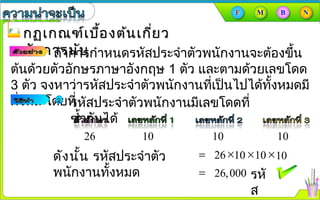 กฏเกณฑ์เบื้องต้นเกี่ยวกฏเกณฑ์เบื้องต้นเกี่ยว
กับการนับกับการนับถ้าการกำาหนดรหัสประจำาตัวพนักงานจะต้องขึ้น
ต้นด้วยตัวอักษรภาษาอังกฤษ 1 ตัว และตามด้วยเลขโดด
3 ตัว จงหาว่ารหัสประจำาตัวพนักงานที่เป็นไปได้ทั้งหมดมี
กี่รหัส โดยที่
26 10 10 10
ดังนั้น รหัสประจำาตัว
พนักงานทั้งหมด
= 26 ×
= 26,000 รหั
ส
10 ×10 ×10
รหัสประจำาตัวพนักงานมีเลขโดดที่
ซำ้ากันได้
 