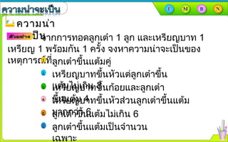 ความน่าความน่า
จะเป็นจะเป็นจากการทอดลูกเต๋า 1 ลูก และเหรียญบาท 1
เหรียญ 1 พร้อมกัน 1 ครั้ง จงหาความȨาจะเป็นของ
เหตุการณ์ที่ลูกเต๋าขึ้นแต้มคู่
เหรียญบาทขึ้นก้อยและลูกเต๋า
ขึ้นแต้ม 4
เหรียญบาทขึ้นหัวแต่ลูกเต๋าขึ้น
แต้มไม่เกิน 3
เหรียญบาทขึ้นหัวส่วนลูกเต๋าขึ้นแต้ม
มากกว่า 6ลูกเต๋าขึ้นแต้มไม่เกิน 6
ลูกเต๋าขึ้นแต้มเป็นจำานวน
เฉพาะ
 