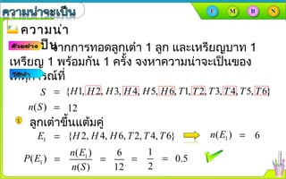 ความน่าความน่า
จะเป็นจะเป็นจากการทอดลูกเต๋า 1 ลูก และเหรียญบาท 1
เหรียญ 1 พร้อมกัน 1 ครั้ง จงหาความȨาจะเป็นของ
เหตุการณ์ที่
{ 1, 2, 3, 4, 5, 6, 1, 2, 3, 4, 5, 6}H H H H H H T T T T T T=S
12=( )n S
ลูกเต๋าขึ้นแต้มคู่
{ 2, 4, 6, 2, 4, 6}H H H T T T=1E 6=1( )n E
1( )
( )
n E
n S
=1( )P E
6
12
=
1
2
= 0.5=
 