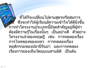 • ภาพ ที่ได้ก็จะเปลี่ยนไปตามสูตรหรือสมการ
นั้น ซึ่งจะทาให้ผู้เรียนมีความเข้าใจได้ดียิ่งขึ้น
การทาโครงงานประเภทนี้มีจุดสาคั...