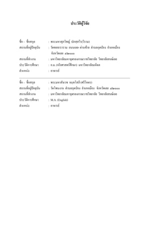 ประวัติผูวิจัย
ชื่อ – ชื่อสกุล : พระมหาสุภวิชญ ปภสฺสโร(วิราม)
สถานที่อยูปจจุบัน : วัดชลธาราราม ถนนเลย-ดานซาย ตําบลกุดปอง อําเภอเมือง
จังหวัดเลย ๔๒๐๐๐
สถานที่ทํางาน : มหาวิทยาลัยมหาจุฬาลงกรณราชวิทยาลัย วิทยาลัยสงฆเลย
ประวัติการศึกษา : อ.ม. (จริยศาสตรศึกษา) มหาวิทยาลัยมหิดล
ตําแหนง : อาจารย
______________________________________________________________________________
ชื่อ – ชื่อสกุล : พระมหาสังเวช จนฺทโสภี (ศรีโคตร)
สถานที่อยูปจจุบัน : วัดโพนงาน ตําบลกุดปอง อําเภอเมือง จังหวัดเลย ๔๒๐๐๐
สถานที่ทํางาน : มหาวิทยาลัยมหาจุฬาลงกรณราชวิทยาลัย วิทยาลัยสงฆเลย
ประวัติการศึกษา : M.A. (English)
ตําแหนง : อาจารย
 