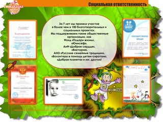 Социальная ответственность
За 7 лет мы приняли участие
в более чем в 100 благотворительных и
социальных проектах.
Мы поддерживаем такие общественные
организации, как
Фонд «Подари жизнь»,
«Юнисеф»,
АиФ «Доброе сердце»,
«Виктория»,
АНО «Русские семейные традиции»,
«Волонтеры в помощь детям-сиротам»,
«Добрая планета» и мн. другим!
 