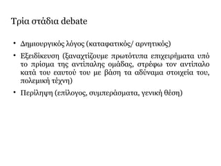 Τρία στάδια debate

Δημιουργικός λόγος (καταφατικός/ αρνητικός)

Εξειδίκευση (ξαναχτίζουμε πρωτότυπα επιχειρήματα υπό
το πρίσμα της αντίπαλης ομάδας, στρέφω τον αντίπαλο
κατά του εαυτού του με βάση τα αδύναμα στοιχεία του,
πολεμική τέχνη)

Περίληψη (επίλογος, συμπεράσματα, γενική θέση)
 