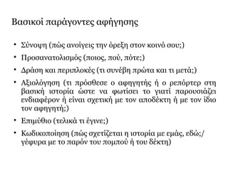 Βασικοί παράγοντες αφήγησης

Σύνοψη (πώς ανοίγεις την όρεξη στον κοινό σου;)

Προσανατολισμός (ποιος, πού, πότε;)

Δράση και περιπλοκές (τι συνέβη πρώτα και τι μετά;)

Αξιολόγηση (τι πρόσθεσε ο αφηγητής ή ο ρεπόρτερ στη
βασική ιστορία ώστε να φωτίσει το γιατί παρουσιάζει
ενδιαφέρον ή είναι σχετική με τον αποδέκτη ή με τον ίδιο
τον αφηγητή;)

Επιμύθιο (τελικά τι έγινε;)

Κωδικοποίηση (πώς σχετίζεται η ιστορία με εμάς, εδώ;/
γέφυρα με το παρόν του πομπού ή του δέκτη)
 