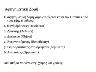 Αφηγηματική Δομή
Η αφηγηματική δομή χαρακτηρίζεται κατά τον Greimas από
τους εξής 6 ρόλους:
1. Πηγή δράσεως (Destinator)
2. Δράστης (Acteurs)
3. Δρώμενο (Object)
4. Ευεργετούμενος (Beneficiary)
5. Συμπαραστάτης στα δρώμενα (Adjuvant)
6. Αντίπαλος (Opponent)
Δύο ακόμα παράγοντες: χώρος και χρόνος
 
