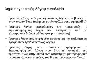 Δημοσιογραφικός Λόγος: τυπολογία

Γραπτός λόγος: ο δημοσιογραφικός λόγος που βρίσκεται
στον έντυπο Τύπο (ειδήσεις χωρίς σχόλιο στην εφημερίδα)

Γραπτός λόγος εκφερόμενος ως προφορικός: ο
δημοσιογραφικός λόγος που εκπέμπεται από τα
ηλεκτρονικά Μέσα (ειδήσεις στην τηλεόραση)

Γραπτός λόγος που εκφέρεται προφορικά και φαίνεται ως
προφορικός (ραδιοφωνικός λόγος)

Γραπτός λόγος που μεταφέρει προφορικό: ο
δημοσιογραφικός λόγος που διατηρεί στοιχεία του
γραπτού, αλλά στην ουσία αντικατοπτρίζει μια προφορική
επικοινωνία (συνεντεύξεις που δημοσιεύονται στον Τύπο)
 
