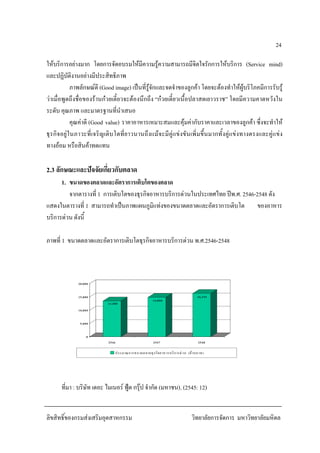 ลิขสิทธิ์ของกรมสงเสริมอุตสาหกรรม วิทยาลัยการจัดการ มหาวิทยาลัยมหิดล
24
ใหบริการอยางมาก โดยการจัดอบรมใหมีความรูความสามารถมีจิตใจรักการใหบริการ (Service mind)
และปฏิบัติงานอยางมีประสิทธิภาพ
ภาพลักษณดี (Good image) เปนที่รูจักและจดจําของลูกคา โดยจะตองทําใหผูบริโภคมีการรับรู
วาเมื่อพูดถึงชื่อของรานกวยเตี๋ยวจะตองนึกถึง “กวยเตี๋ยวเนื้อปลาสดเยาวราช” โดยมีความคาดหวังใน
ระดับ คุณภาพ และมาตรฐานที่นําเสนอ
คุณคาดี (Good value) ราคาอาหารเหมาะสมและคุมคากับราคาและเวลาของลูกคา ซึ่งจะทําให
ธุรกิจอยูในภาวะที่เจริญเติบโตที่ยาวนานถึงแมจะมีคูแขงขันเพิ่มขึ้นมากทั้งคูแขงทางตรงและคูแขง
ทางออม หรือสินคาทดแทน
2.3 ลักษณะและปจจัยเกี่ยวกับตลาด
1. ขนาดของตลาดและอัตราการเติบโตของตลาด
จากตารางที่ 1 การเติบโตของธุรกิจอาหารบริการดวนในประเทศไทย ปพ.ศ. 2546-2548 ดัง
แสดงในตารางที่ 1 สามารถทําเปนภาพแผนภูมิแทงของขนาดตลาดและอัตราการเติบโต ของอาหาร
บริการดวน ดังนี้
ภาพที่ 1 ขนาดตลาดและอัตราการเติบโตธุรกิจอาหารบริการดวน พ.ศ.2546-2548
13,500
14,850
16,335
0
5,000
10,000
15,000
20,000
2546 2547 2548
ประมาณการขนาดตลาดธุรกิจอาหารบริการดวน (ลานบาท)
ที่มา : บริษัท เดอะ ไมเนอร ฟูด กรุป จํากัด (มหาชน), (2545: 12)
 