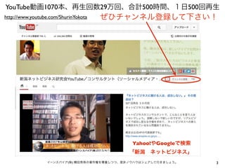 3イーンスパイア(株) 横田秀珠の著作権を尊重しつつ、是非ノウハウはシェアして行きましょう。
YouTube動画1070本、再生回数29万回、合計500時間、１日500回再生
http://www.youtube.com/ShurinYokot...