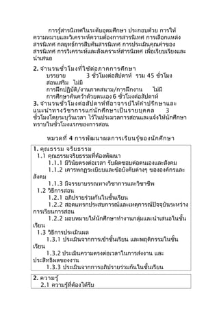 การรู้สารนิเทศในระดับอุดมศึกษา ประกอบด้วย การให้
ความหมายและวิเคราะห์ความต้องการสารนิเทศ การเลือกแหล่ง
สารนิเทศ กลยุทธ์การสืบค้นสารนิเทศ การประเมินคุณค่าของ
สารนิเทศ การวิเคราะห์และสังเคราะห์สารนิเทศ เพื่อเรียบเรียงและ
นำาเสนอ
2. จำานวนชั่วโมงที่ใช้ต่อภาคการศึกษา
บรรยาย 3 ชั่วโมงต่อสัปดาห์ รวม 45 ชั่วโมง
สอนเสริม ไม่มี
การฝึกปฏิบัติ/งานภาคสนาม/การฝึกงาน ไม่มี
การศึกษาค้นคว้าด้วยตนเอง6 ชั่วโมงต่อสัปดาห์
3. จำานวนชั่วโมงต่อสัปดาห์ที่อาจารย์ให้คำาปรึกษาและ
แนะนำาทางวิชาการแก่นักศึกษาเป็นรายบุคคล 3
ชั่วโมงโดยระบุวันเวลา ไว้ในประมวลการสอนและแจ้งให้นักศึกษา
ทราบในชั่วโมงแรกของการสอน
หมวดที่ 4 การพัฒนาผลการเรียนรู้ของนักศึกษา
1. คุณธรรม จริยธรรม
1.1 คุณธรรมจริยธรรมที่ต้องพัฒนา
1.1.1 มีวินัยตรงต่อเวลา รับผิดชอบต่อตนเองและสังคม
1.1.2 เคารพกฏระเบียบและข้อบังคับต่างๆ ขององค์กรและ
สังคม
1.1.3 มีจรรยาบรรณทางวิชาการและวิชาชีพ
1.2 วิธีการสอน
1.2.1 อภิปรายร่วมกันในชั้นเรียน
1.2.2 สอดแทรกประสบการณ์และเหตุการณ์ปัจจุบันระหว่าง
การเรียนการสอน
1.2.2 มอบหมายให้นักศึกษาทำางานกลุ่มและนำาเสนอในชั้น
เรียน
1.3 วิธีการประเมินผล
1.3.1 ประเมินจากการเข้าชั้นเรียน และพฤติกรรมในชั้น
เรียน
1.3.2 ประเมินความตรงต่อเวลาในการส่งงาน และ
ประสิทธิผลของงาน
1.3.3 ประเมินจากการอภิปรายร่วมกันในชั้นเรียน
2. ความรู้
2.1 ความรู้ที่ต้องได้รับ
 