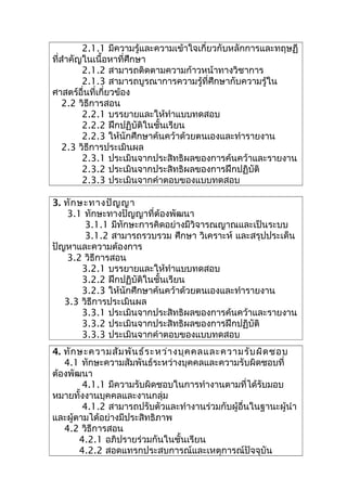 2.1.1 มีความรู้และความเข้าใจเกี่ยวกับหลักการและทฤษฏี
ที่สำาคัญในเนื้อหาที่ศึกษา
2.1.2 สามารถติดตามความก้าวหน้าทางวิชาการ
2.1.3 สามารถบูรณาการความรู้ที่ศึกษากับความรู้ใน
ศาสตร์อื่นที่เกี่ยวข้อง
2.2 วิธีการสอน
2.2.1 บรรยายและให้ทำาแบบทดสอบ
2.2.2 ฝึกปฏิบัติในชั้นเรียน
2.2.3 ให้นักศึกษาค้นคว้าด้วยตนเองและทำารายงาน
2.3 วิธีการประเมินผล
2.3.1 ประเมินจากประสิทธิผลของการค้นคว้าและรายงาน
2.3.2 ประเมินจากประสิทธิผลของการฝึกปฏิบัติ
2.3.3 ประเมินจากคำาตอบของแบบทดสอบ
3. ทักษะทางปัญญา
3.1 ทักษะทางปัญญาที่ต้องพัฒนา
3.1.1 มีทักษะการคิดอย่างมีวิจารณญาณและเป็นระบบ
3.1.2 สามารถรวบรวม ศึกษา วิเคราะห์ และสรุปประเด็น
ปัญหาและความต้องการ
3.2 วิธีการสอน
3.2.1 บรรยายและให้ทำาแบบทดสอบ
3.2.2 ฝึกปฏิบัติในชั้นเรียน
3.2.3 ให้นักศึกษาค้นคว้าด้วยตนเองและทำารายงาน
3.3 วิธีการประเมินผล
3.3.1 ประเมินจากประสิทธิผลของการค้นคว้าและรายงาน
3.3.2 ประเมินจากประสิทธิผลของการฝึกปฏิบัติ
3.3.3 ประเมินจากคำาตอบของแบบทดสอบ
4. ทักษะความสัมพันธ์ระหว่างบุคคลและความรับผิดชอบ
4.1 ทักษะความสัมพันธ์ระหว่างบุคคลและความรับผิดชอบที่
ต้องพัฒนา
4.1.1 มีความรับผิดชอบในการทำางานตามที่ได้รับมอบ
หมายทั้งงานบุคคลและงานกลุ่ม
4.1.2 สามารถปรับตัวและทำางานร่วมกับผู้อื่นในฐานะผู้นำา
และผู้ตามได้อย่างมีประสิทธิภาพ
4.2 วิธีการสอน
4.2.1 อภิปรายร่วมกันในชั้นเรียน
4.2.2 สอดแทรกประสบการณ์และเหตุการณ์ปัจจุบัน
 