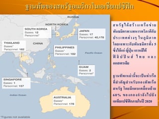 ฐานทัพของสหรัฐอเมริกาในเอเชียแปซิฟิก
สหรัฐได้สร้างเครือข่าย
พันธมิตรทางทหารทวิภาคีกับ
ประเทศต่างๆ ในภูมิภาค
โดยเฉพาะกับพันธมิตรทั้ง 5
ซึ่งได้แก่ ญี่ปุ่น เกาหลีใต้
ฟิ ลิ ป ปิ น ส์ ไ ท ย แ ล ะ
ออสเตรเลีย
ฐานทัพเหล่านี้จะเป็นท่าเรือ
ที่สาคัญสาหรับกองทัพเรือ
สหรัฐ โดยมีแผนเคลื่อนย้าย
60% ของกองกาลังไปยัง
เอเชียแปซิฟิกภายในปี 2020
 