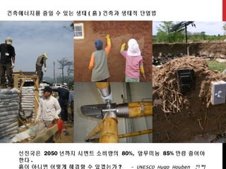 선진국은 2050 년까지 시멘트 소비량의 80%, 알루미늄 85% 만큼 줄여야
한다 .
흙이 아니면 어떻게 해결할 수 있겠는가 ? - UNESCO Hugo Houben 인터
건축에너지를 줄일 수 있는 생태 ( 흙 ) 건축과 생태적 단열법
 