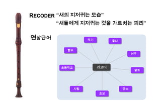 RECODER “새의 지저귀는 모습”
“새들에게 지저귀는 것을 가르치는 피리”
향수
악기
연주
초등학교
알토
시험
초보
단소
좋다
리코더
연상단어
 