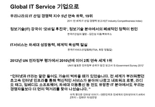 Global IT Service 기업으로
우리나라의 IT 산업 경쟁력 지수 5년 연속 하락, 19위
2011 전 세계 IT 산업 경쟁력 보고서(IT Industry Competitiveness Index)
IT서비스는 차세대 성장동력, 체계적 육성책 절실
한국IT서비스산업협회(ITSA, 회장 정철길)
정보기술(IT) 강국이 „모바일 후진국‟, 정보기술 분야에서의 폐쇄적인 정책이 원인
한국IT산업의 멸망 - 김인성 지음/북하우스
2012년 UN 전자정부 평가에서 2010년에 이어 2회 연속 세계 1위
UN이 발표한 전자정부 순위가 담긴 보고서 ‘E-Government Survey 2012’
“인터넷과 IT라는 말만 들어도 가슴이 벅차올 때가 있었습니다. 전 세계가 부러워했던
초고속 인터넷 인프라를 통해 혁신적인 서비스가 쏟아져 나왔고 네트워크 로봇, 라디
오 태그, 임베디드 소프트웨어, 차세대 이동통신 등 전도 유망한 IT 분야에서도 우리는
경쟁자들보다 더 먼저 먹거리를 찾아 나섰습니다. ”
아직 못다한 인터넷 이야기 - 대한민국과 전세계의 인터넷이야기 A에서
Z까지 – 김태규 저/성안당
 