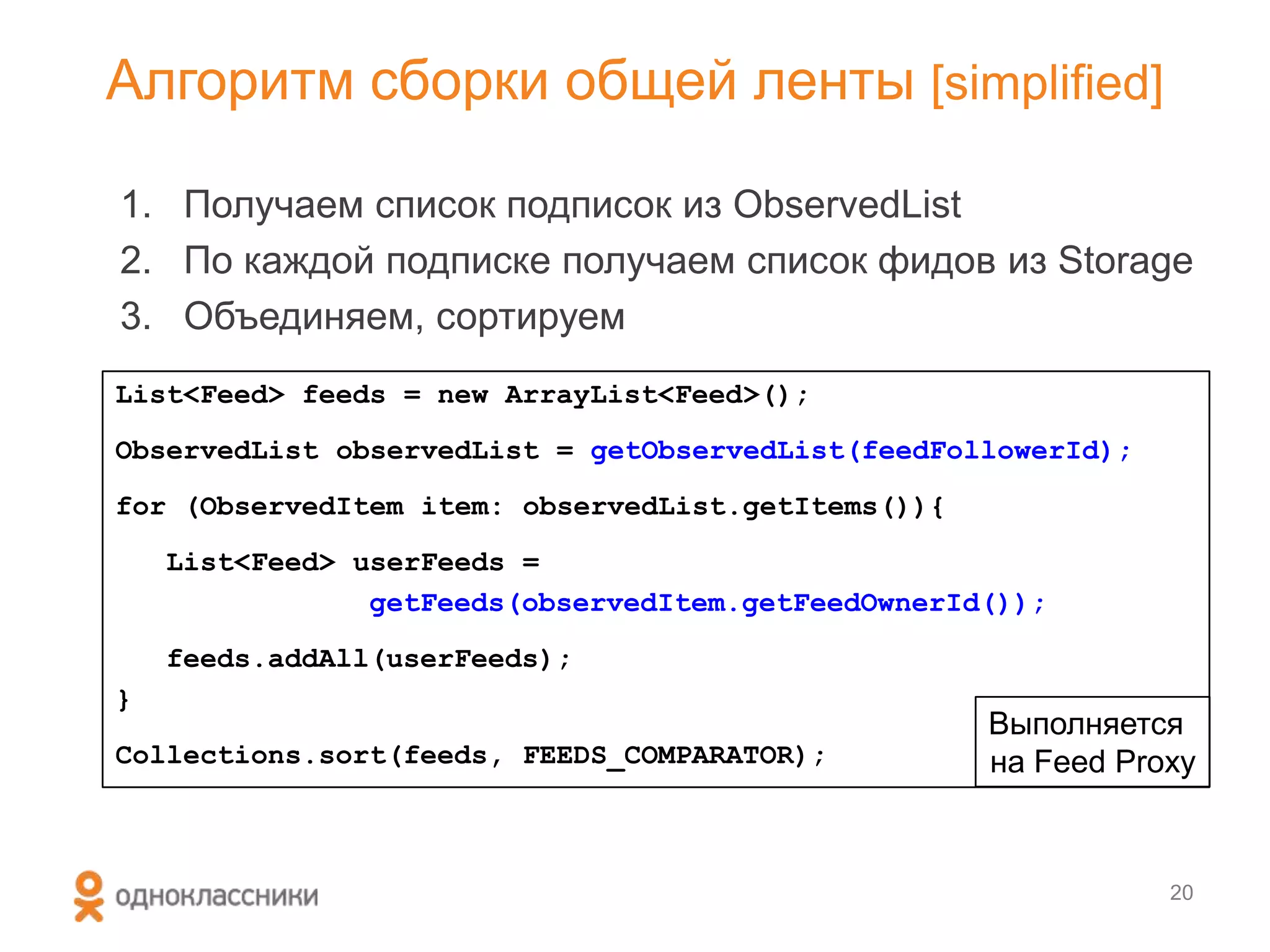 1. Получаем список подписок из ObservedList
2. По каждой подписке получаем список фидов из Storage
3. Объединяем, сортируем
Алгоритм сборки общей ленты [simplified]
List<Feed> feeds = new ArrayList<Feed>();
ObservedList observedList = getObservedList(feedFollowerId);
for (ObservedItem item: observedList.getItems()){
List<Feed> userFeeds =
getFeeds(observedItem.getFeedOwnerId());
feeds.addAll(userFeeds);
}
Collections.sort(feeds, FEEDS_COMPARATOR);
20
Выполняется
на Feed Proxy
 