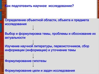 Как подготовить научное исследование?
Определение объектной области, объекта и предмета
исследования
Выбор и формулировка темы, проблемы и обоснование их
актуальности
Изучение научной литературы, первоисточников, сбор
информации (информации) и уточнение темы
Формулирование гипотезы
Формулирование цели и задач исследования
 