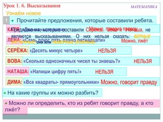 Можно ли определить, кто из ребят говорит правду, а кто
лжѐт?
На какие группы их можно разбить?
Прочитайте предложения, которые составили ребята.1
ВОВА: «Сколько однозначных чисел ты знаешь?»
СЕРЁЖА: «Десять минус четыре»
НАТАША: «Напиши цифру пять!» НЕЛЬЗЯ
НЕЛЬЗЯ
НЕЛЬЗЯ
КАТЯ: «Два меньше пяти»
ЛЕНА: «Семь плюс пять равно пятнадцати»
Можно, говорит правду
Можно, лжѐт
ДИМА: «Все квадраты- прямоугольники» Можно, говорит правду
Предложения, которые составили Серѐжа, Вова и Наташа, не
являются высказываниями. О них нельзя сказать: ВЕРНЫЕ
(ИСТИННЫЕ) они или НЕВЕРНЫЕ (ЛОЖНЫЕ) .
Урок 1. 6. Высказывания МАТЕМАТИКА
Узнаѐм новое
 
