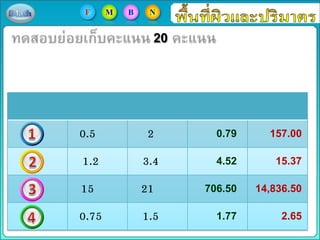 0.5 2
1.2 3.4
15 21
0.75 1.5
20
0.79
4.52
706.50
1.77
157.00
15.37
14,836.50
2.65
F M B N
 